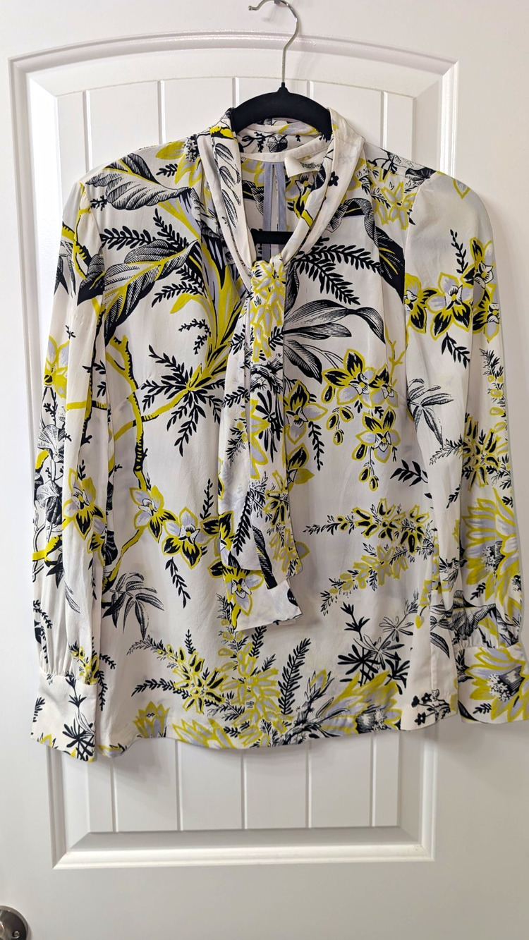 Diane von Furstenberg Silk Floral Tie Neck Long Sleeve Blouse 0 White